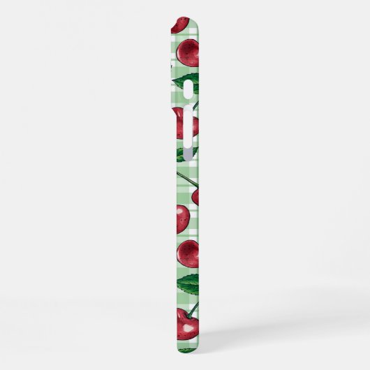 Rote Kirschen auf hellgrünem Gingham iPhone Hülle (Linke Seite)