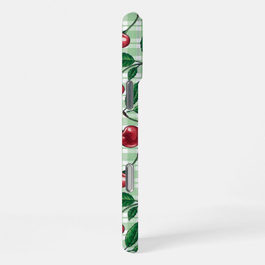 Rote Kirschen auf hellgrünem Gingham iPhone Hülle (Rechte Seite)