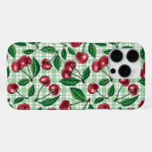 Rote Kirschen auf hellgrünem Gingham iPhone Hülle (Rückseite (Horizontal))