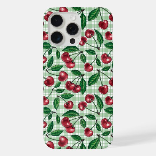 Rote Kirschen auf hellgrünem Gingham iPhone Hülle (Rückseite)