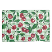Rote Kirschen auf hellgrünem Gingham Kissenbezug (Vorderseite-Rechts)