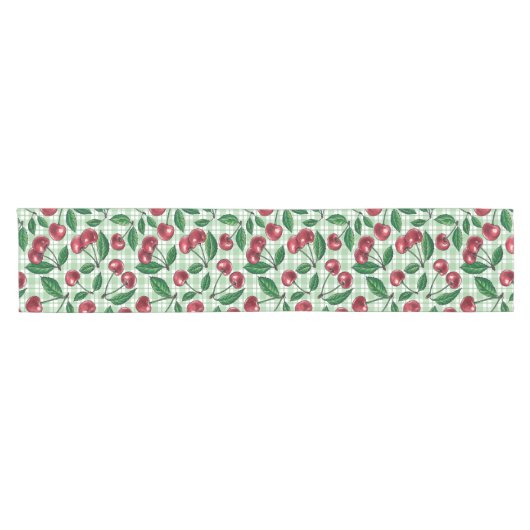 Rote Kirschen auf hellgrünem Gingham Kurzer Tischläufer (Horizontal)