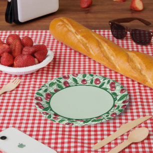 Rote Kirschen auf hellgrünem Gingham Pappteller