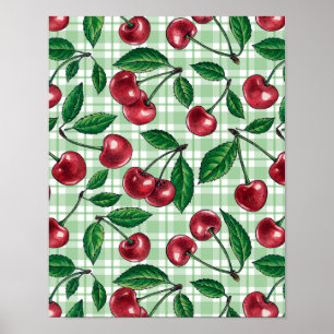 Rote Kirschen auf hellgrünem Gingham Poster