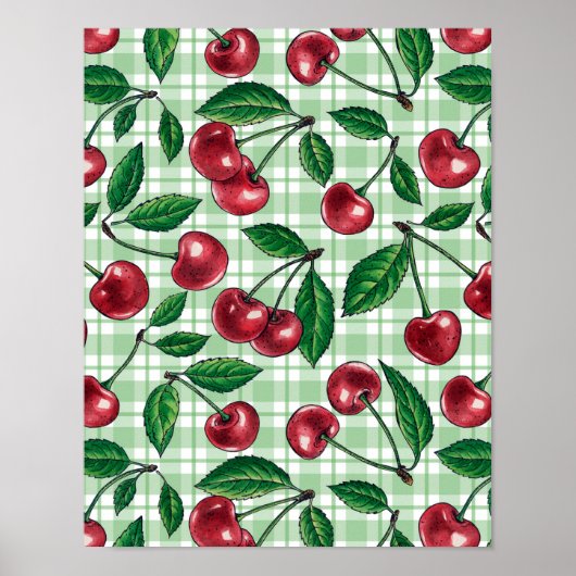 Rote Kirschen auf hellgrünem Gingham Poster (Vorne)