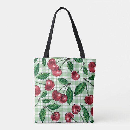 Rote Kirschen auf hellgrünem Gingham Tasche (Rückseite)