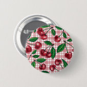 Rote Kirschen auf rosa Gingham Button (Vorne & Hinten)