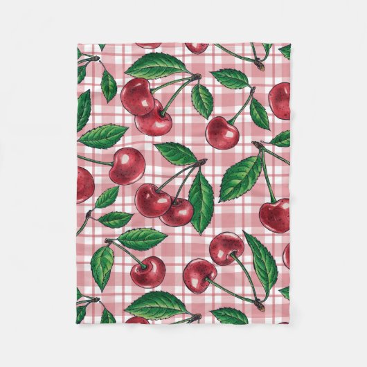 Rote Kirschen auf rosa Gingham Fleecedecke (Vorderseite)