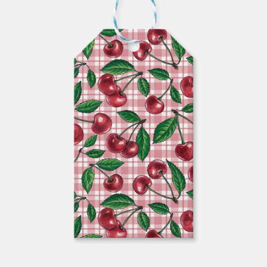 Rote Kirschen auf rosa Gingham Geschenkanhänger (Vorderseite)