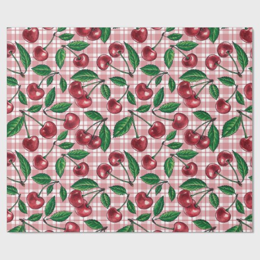 Rote Kirschen auf rosa Gingham Geschenkpapier (Flach)