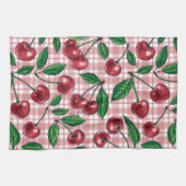 Rote Kirschen auf rosa Gingham Geschirrtuch (Horizontal)