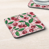 Rote Kirschen auf rosa Gingham Getränkeuntersetzer (Linke Seite)