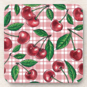 Rote Kirschen auf rosa Gingham Getränkeuntersetzer (Vorderseite)
