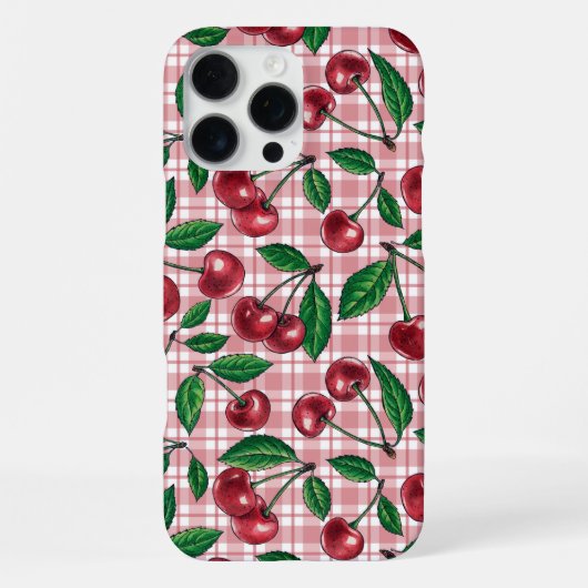 Rote Kirschen auf rosa Gingham iPhone Hülle (Rückseite)