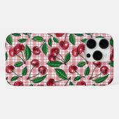 Rote Kirschen auf rosa Gingham iPhone Hülle (Rückseite (Horizontal))