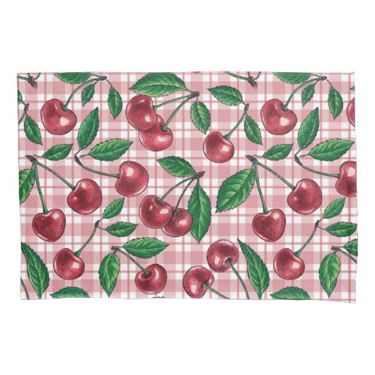 Rote Kirschen auf rosa Gingham Kissenbezug (Vorderseite-Links)