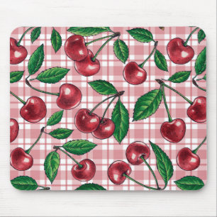 Rote Kirschen auf rosa Gingham Mousepad