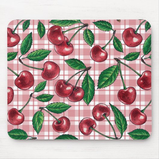 Rote Kirschen auf rosa Gingham Mousepad (Vorne)