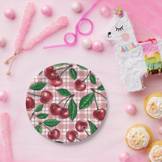 Rote Kirschen auf rosa Gingham Pappteller (Party)
