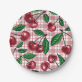 Rote Kirschen auf rosa Gingham Pappteller (Vorderseite)