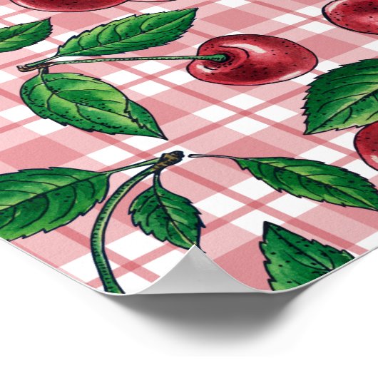 Rote Kirschen auf rosa Gingham Poster (Ecke)