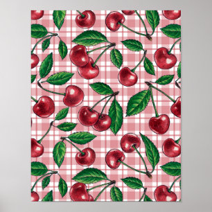 Rote Kirschen auf rosa Gingham Poster