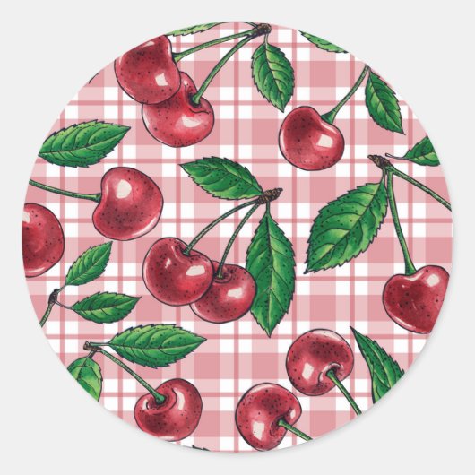 Rote Kirschen auf rosa Gingham Runder Aufkleber (Vorderseite)