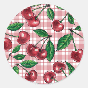 Rote Kirschen auf rosa Gingham Runder Aufkleber