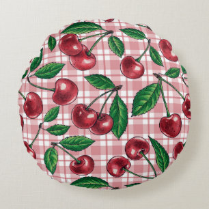Rote Kirschen auf rosa Gingham Rundes Kissen
