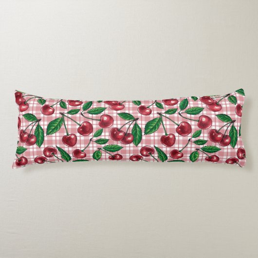 Rote Kirschen auf rosa Gingham Seitenschläferkissen (Vorderseite)