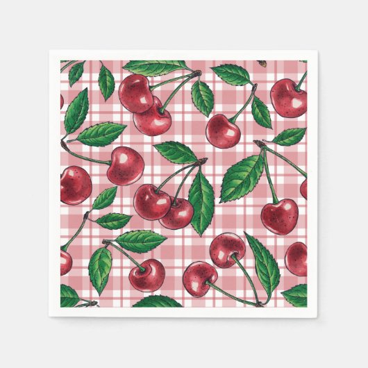 Rote Kirschen auf rosa Gingham Serviette (Vorderseite)