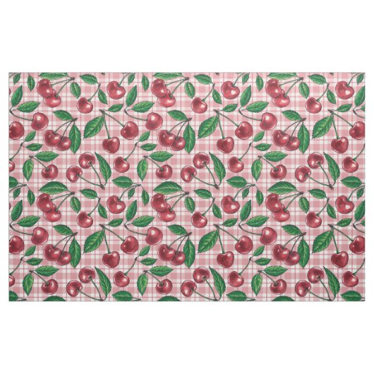 Rote Kirschen auf rosa Gingham Stoff (Fat Quarter (45,7 x 55,9 cm))