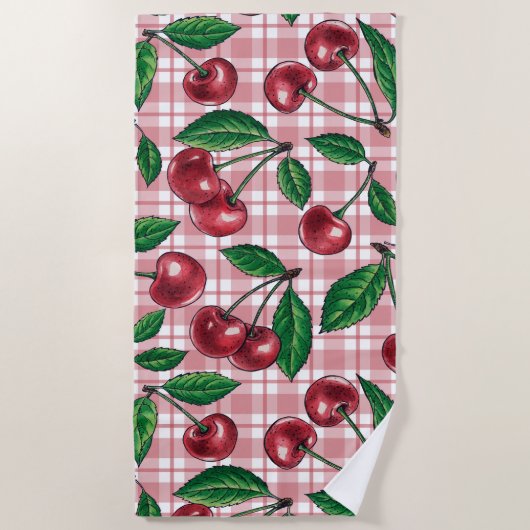 Rote Kirschen auf rosa Gingham Strandtuch (Vorderseite)