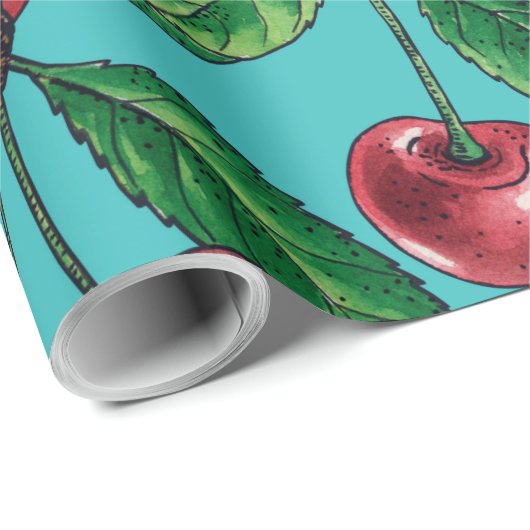 Rote Kirschen auf Türkis Geschenkpapier (Rolleneckpunkt)