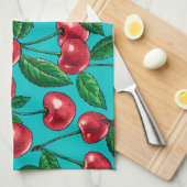 Rote Kirschen auf Türkis Geschirrtuch (Viertel Falte)