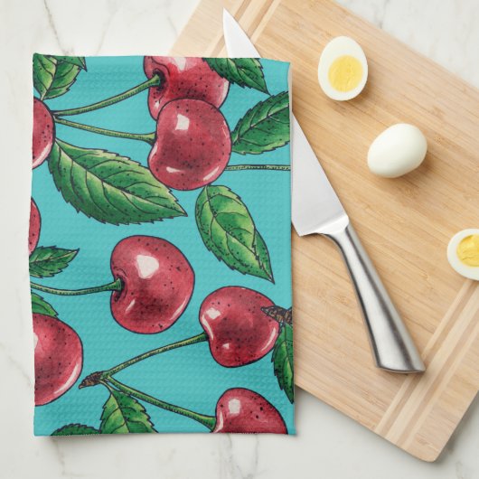 Rote Kirschen auf Türkis Geschirrtuch (Viertel Falte)
