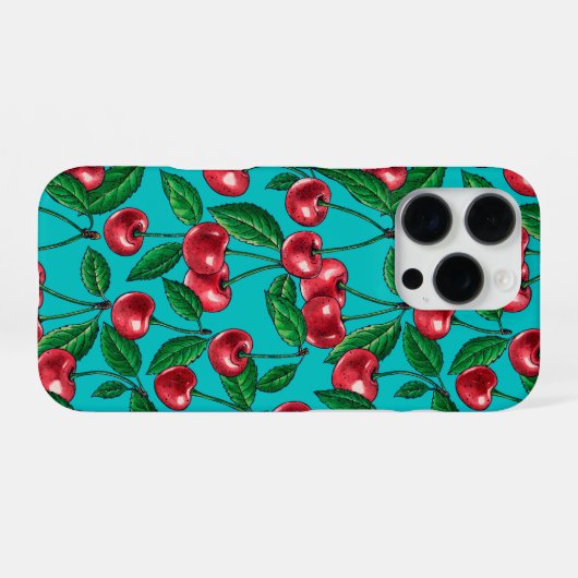 Rote Kirschen auf Türkis iPhone Hülle (Rückseite (Horizontal))