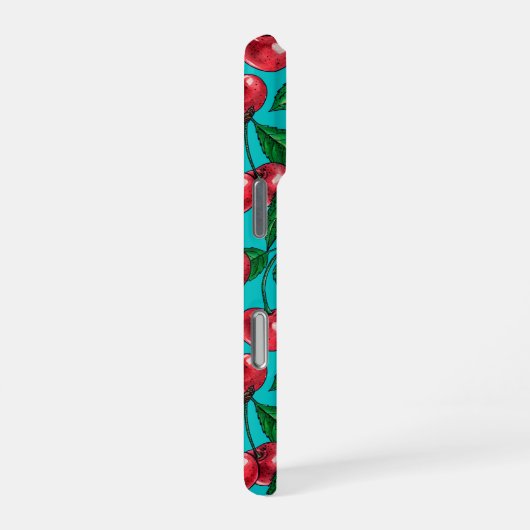 Rote Kirschen auf Türkis iPhone Hülle (Rechte Seite)