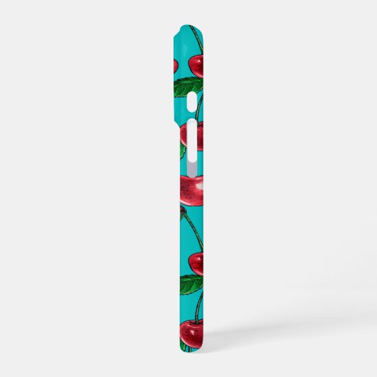 Rote Kirschen auf Türkis iPhone Hülle (Linke Seite)