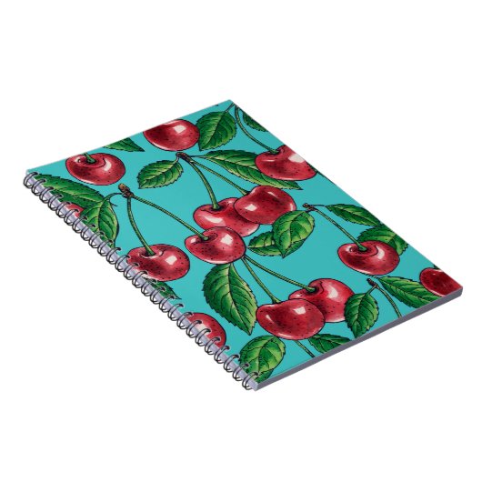 Rote Kirschen auf Türkis Notizblock (Rechte Seite)
