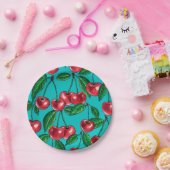 Rote Kirschen auf Türkis Pappteller (Party)