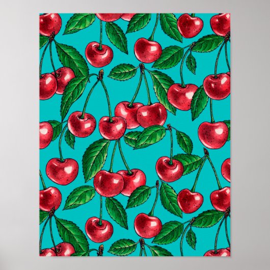 Rote Kirschen auf Türkis Poster (Vorne)