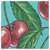 Rote Kirschen auf Türkis Stoff (Nahaufnahme)