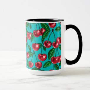 Rote Kirschen auf Türkis Tasse