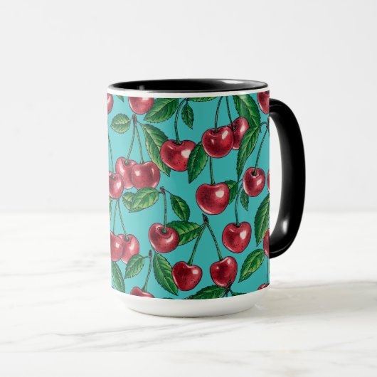 Rote Kirschen auf Türkis Tasse (VorderseiteRechts)