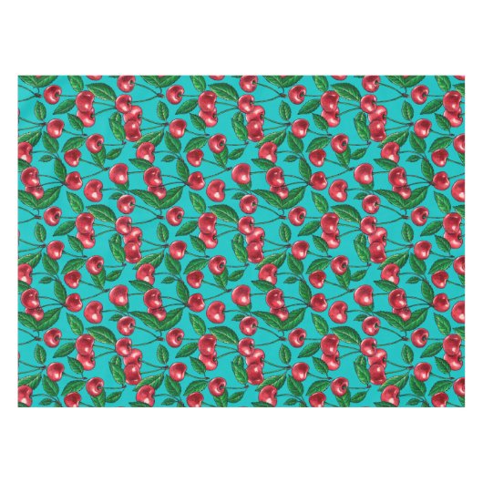 Rote Kirschen auf Türkis Tischdecke (Vorderseite (Horizontal))