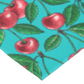 Rote Kirschen auf Türkis Tischdecke (Schrägansicht)