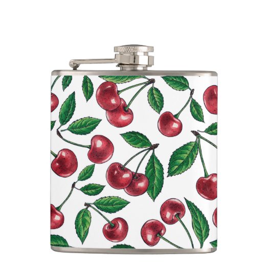 Rote Kirschen auf Weiß Flachmann (Vorderseite)