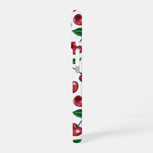 Rote Kirschen auf Weiß iPhone 16 Hülle (Linke Seite)