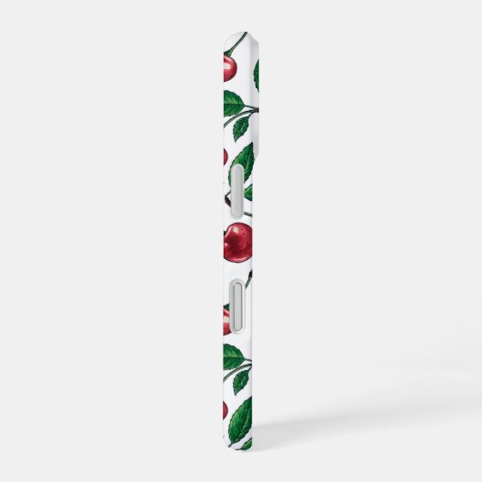 Rote Kirschen auf Weiß iPhone 16 Hülle (Rechte Seite)